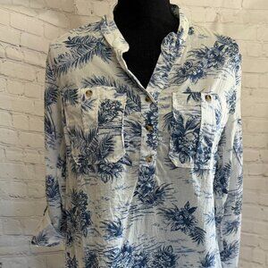 Eden & Olivia Blue & White Tropical Toile Print Blouse | Size M | Linen Feel